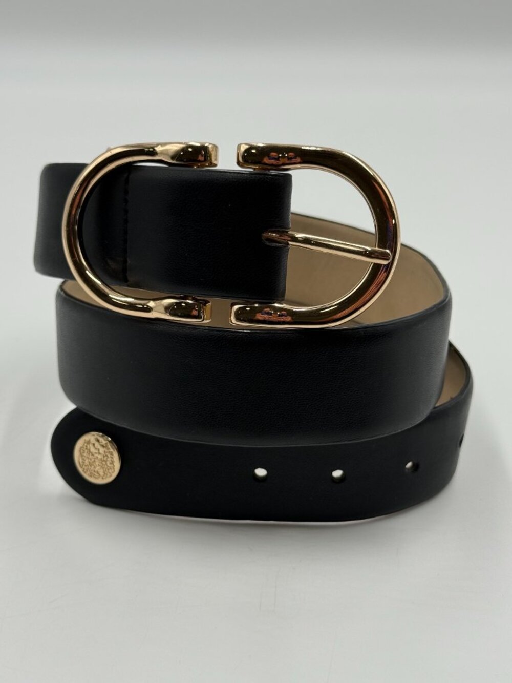 Vince Camuto Black Belt Women’s Size Small Faux Leather Gold Buckle 1 3/8" Wide